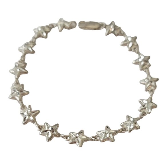 Sterling Silver Lobster Clasp Stars Chain Link Bracelet, 7.75" Long E715 - Picture 2 of 8